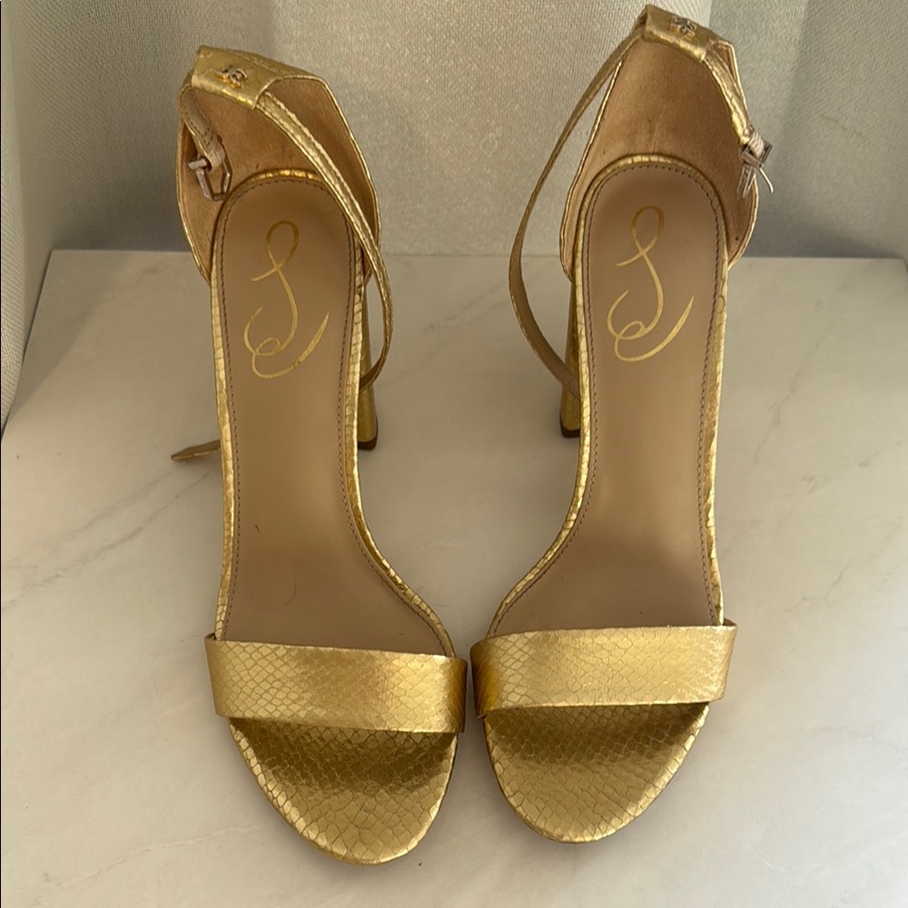 Sam Edelman Gold Block Heel Sandals – Metallic Snakeskin – Women’s Size 9